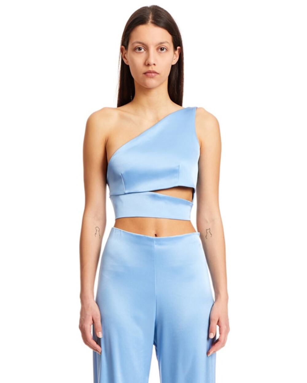 Paris Georgia Eloise Crepe One Shoulder Top Blue Satin Size S